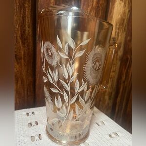 ✨Vintage Amber Glass Floral Etched Water Pitcher | 1930s Depression Style